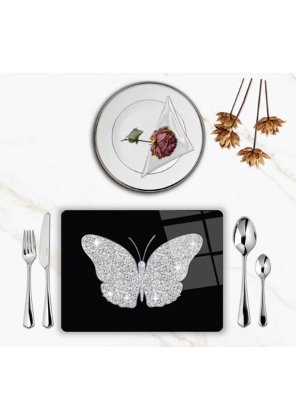 Özel Tasarım Cam Baskılı Gümüş Kelebek Supla Takımı 6 Adet