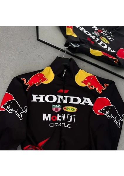 Unisex Siyah Dijital Tasarım Baskılı Fermuarlı Yağmurluk & Rüzgarlık