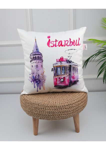Istanbul Temalı Tren Kule Desenli Dijital Baskılı Kırlent Koltuk Yastık Kılıfı