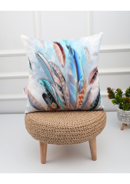 Mavi Kuş Tüylü Tasarımlı Dijital Baskılı Kırlent Koltuk Yastık Kılıfı