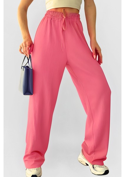 Kadın Beli Lastikli Bürümcük Yüksek Bel Palazzo Pantolon