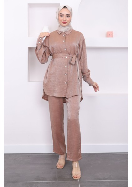 Camel Düğmeli Tunik Pantolon Saten Takım