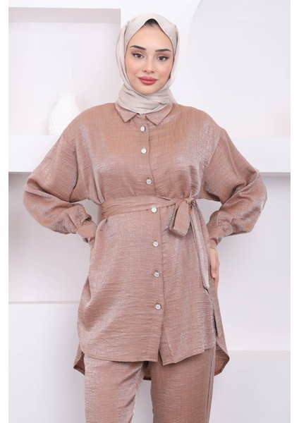 Camel Düğmeli Tunik Pantolon Saten Takım