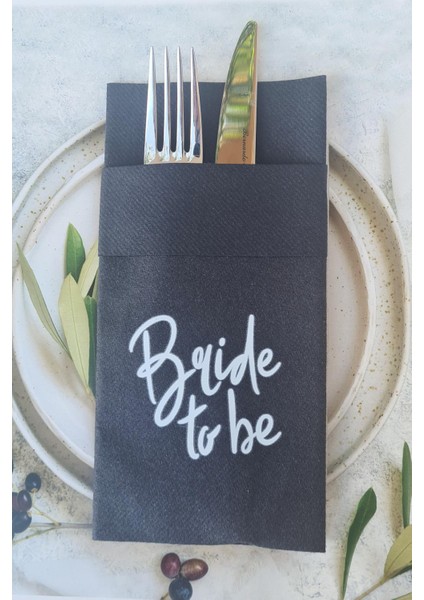 Kumaş Dokulu Beyaz Baskılı Bride To Be Bride Parti Peçetesi Siyah Peçete 6'lı