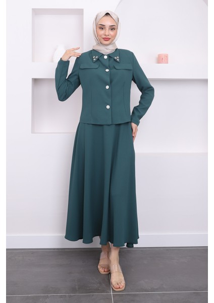 Zümrüt Crop Ceket Etek Takım