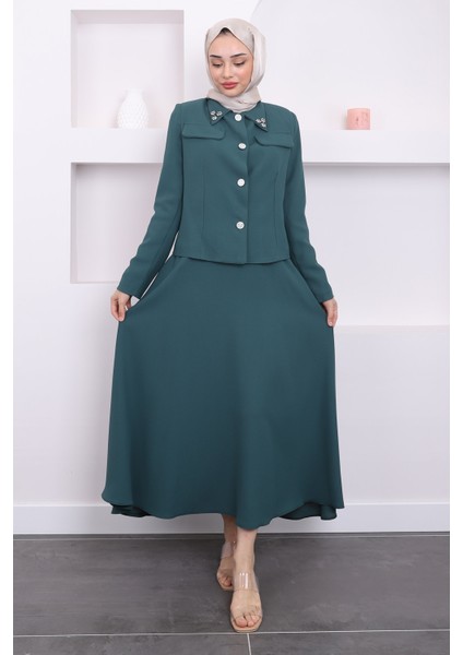 Zümrüt Crop Ceket Etek Takım modelleri