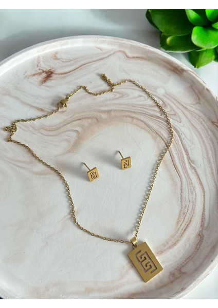 Nur's Jewelery & Accessories 316 L Çelik Kolye ve Küpe Set Antik Geometrik Desenli Paslanmaz Kararmaz Set