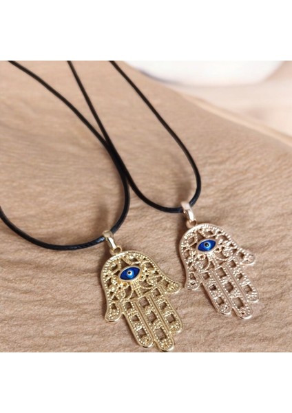 Fatma Ana Eli Figürlü Gold ve Rose 2 Adet Deri Ipli Kolye Sevgiliye Özel Hediye modelleri