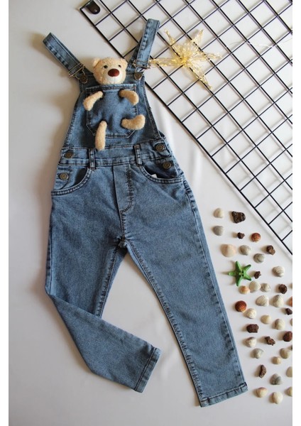 Unisex Çocuk Ayıcıklı Kot Salopet Pantolon