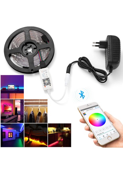 Rgb Şerit LED 5 Metre 5050 Smd Double Pcb Tak Çalıştır Adaptörlü Wifi Bluetooth Renkli Kumanda Dekoratif Set Esnek