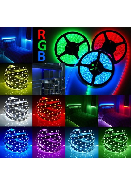 Rgb Şerit LED 5 Metre 5050 Smd Double Pcb Tak Çalıştır Adaptörlü Wifi Bluetooth Renkli Kumanda Dekoratif Set Esnek