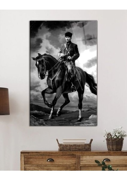 Atatürk At Üzerinde Dikey Cam Tablo lik Büyük Tablo Ev Ofis Dekoru