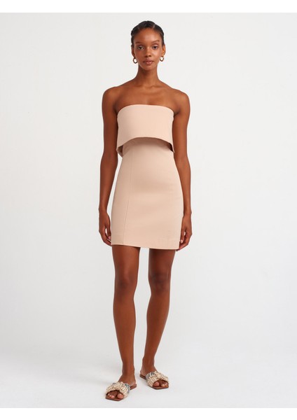 91231 Straplez Mini Elbise-Bej
