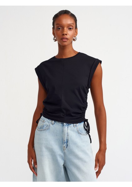31075 Yanları Büzgü Detaylı Taşlı T-Shirt-Siyah fırsatları
