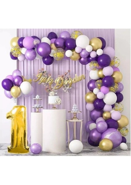 1 Yaş Macaron Mor Balon Zinciri Seti Gölge Mor Altın Balon Dekorasyon
