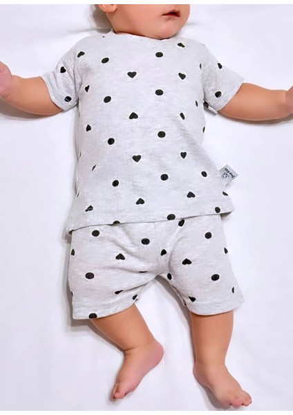 Bebek Pijama Takımı Kalp Puan Desen Baskılı Grimelanj Kısakol Şort Yenidoğan Çocuk Pijama