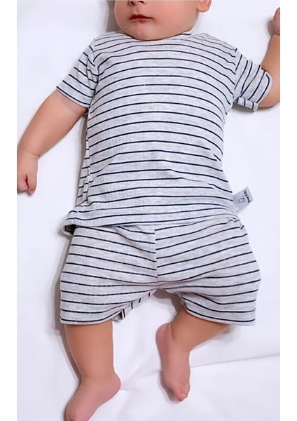 Bebek Pijama Takımı Lacivert Çizgili Baskılı Grimelanj Kısakol Şort Yenidoğan Çocuk Pijama