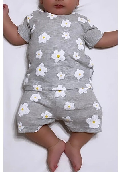 Bebek Pijama Takımı Kısakol Şort Çiçek Desen Baskılı Grimelanj Yenidoğançocuk Pijamatakım