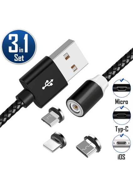 3'ü 1 Arada Şarj Seti Manyetik Tak Çıkar Apple iPhone Ipod iPad Samsung Modelleri Lightning Usb-C Için Şarj Kablosu Siyah 2.4A 100CM