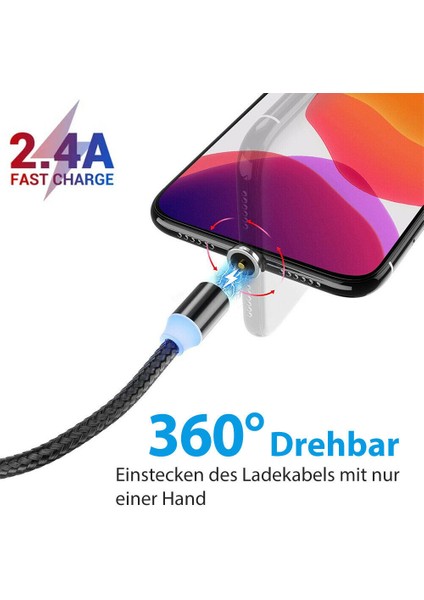 3'ü 1 Arada Şarj Seti Manyetik Tak Çıkar Apple iPhone Ipod iPad Samsung Modelleri Lightning Usb-C Için Şarj Kablosu Siyah 2.4A 100CM