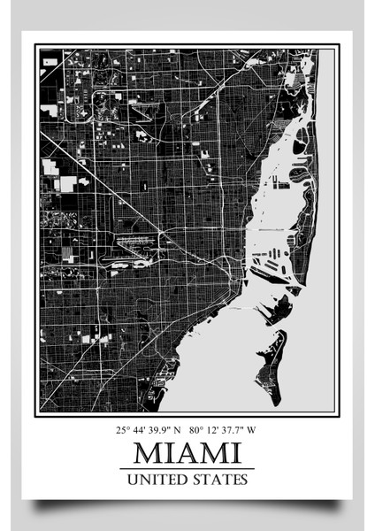 Miami Şehir Haritası Çerçevesiz Poster
