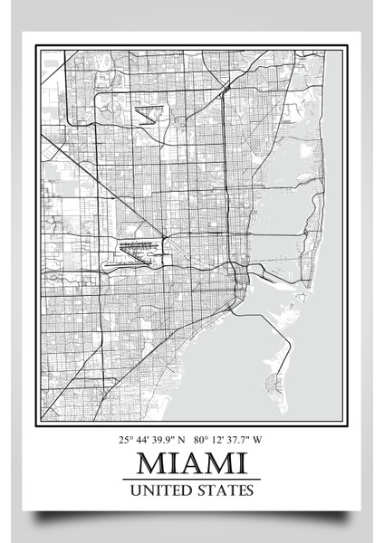 Miami Şehir Haritası Çerçevesiz Poster