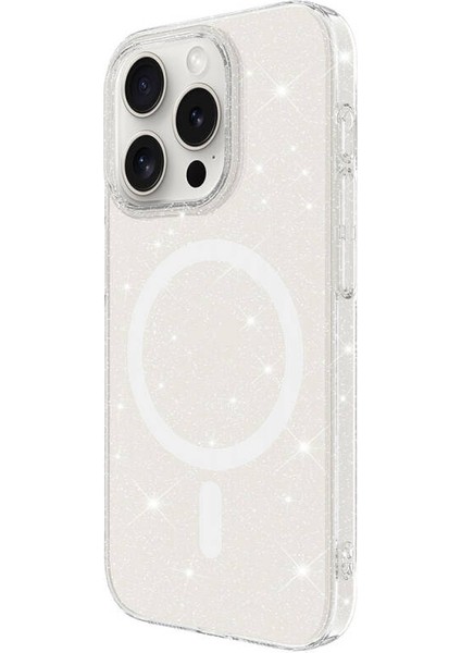 iPhone 15 Pro Max Kılıf Magsafe Şarj Özellikli Simli Şeffaf Arka Yüzeyli Erdos Silikon Kapak