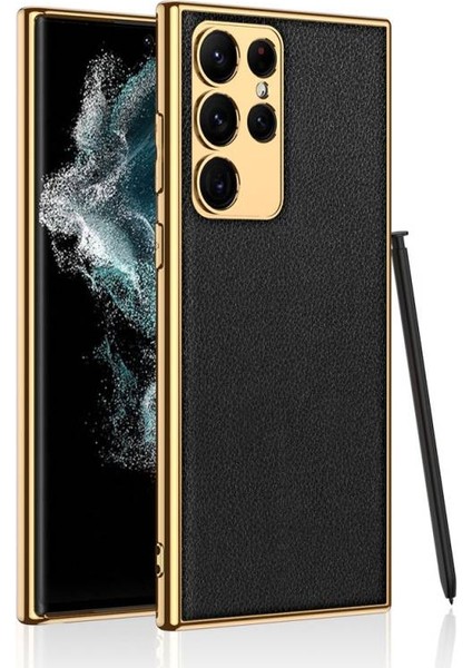Samsung Galaxy S23 Ultra Kılıf Deri Görünümlü Kenarları Elektroplatin Kaplama Fizyon Kapak