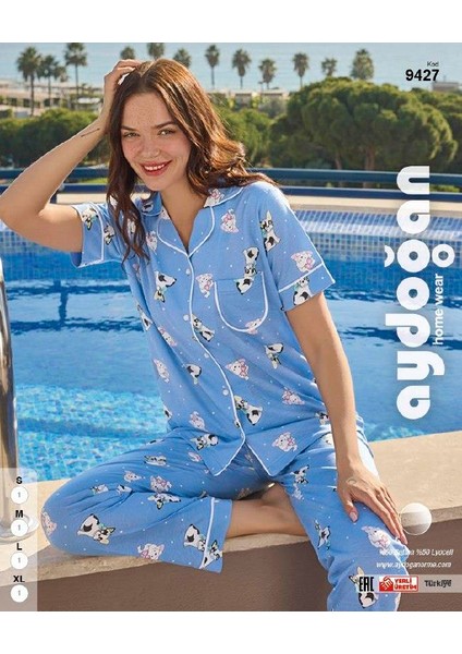 9427 Kadın Önü Düğmeli Kısa Kollu Pijama Takımı Mavi