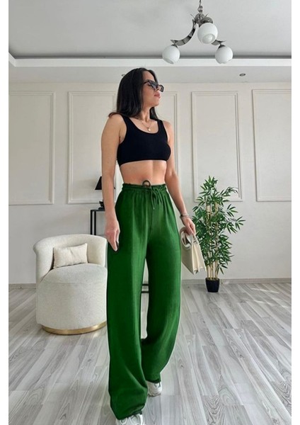 Kadın Beli Bağcıklı Bol Kesim Ince Kesim Palazzo Pantolon