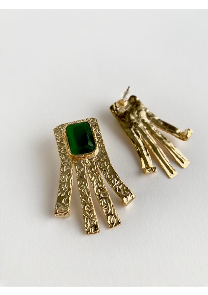 Tasarım Kedi Gözü Doğal Taşlı Tassel Küpe - Yeşil