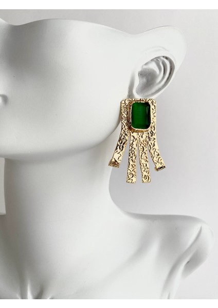 Tasarım Kedi Gözü Doğal Taşlı Tassel Küpe - Yeşil fiyatları