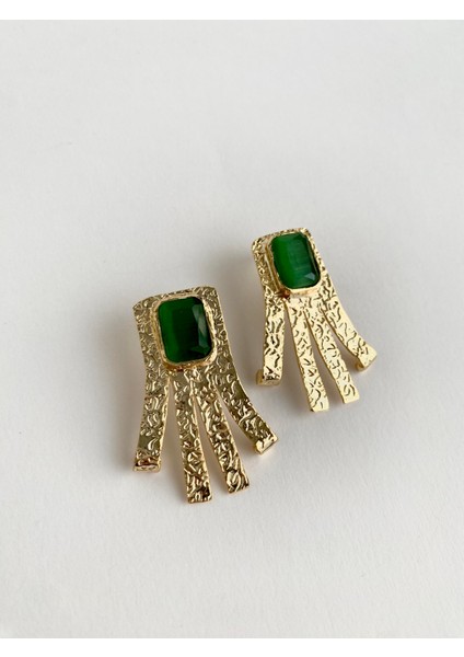 Tasarım Kedi Gözü Doğal Taşlı Tassel Küpe - Yeşil modelleri