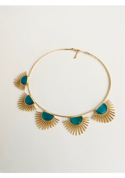 Tasarım Kedi Gözü Taşlı Golden Hour Choker Kolye - Mavi