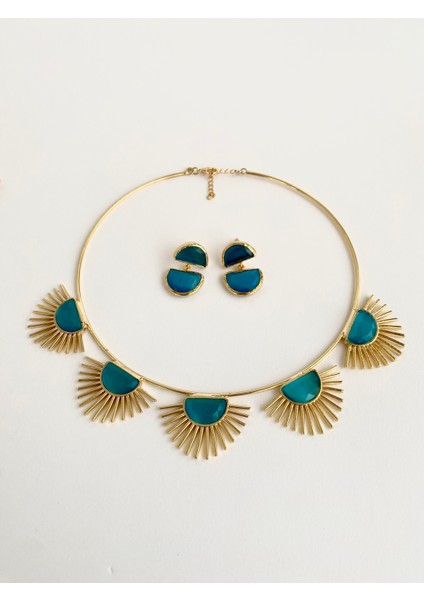 Tasarım Kedi Gözü Taşlı Golden Hour Choker Kolye - Mavi