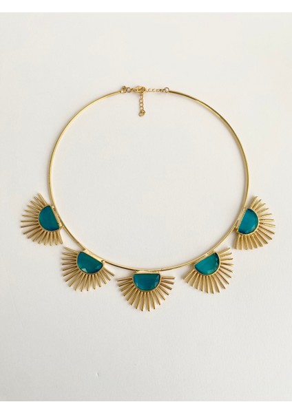 Tasarım Kedi Gözü Taşlı Golden Hour Choker Kolye - Mavi