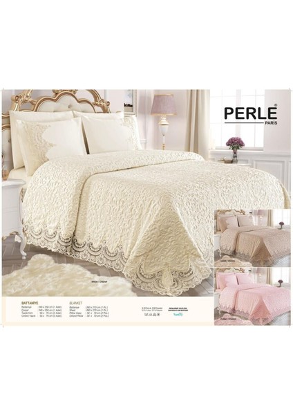 Battaniye Fransız Dantelli Çift Kişilik Battaniye Takımı Çeyizlik Yatak Örtüsü Seti 3parça