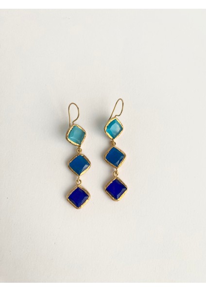 Özel Tasarım Kedi Gözü Kare Taşlı Sallantılı Küpe - mavi tonları