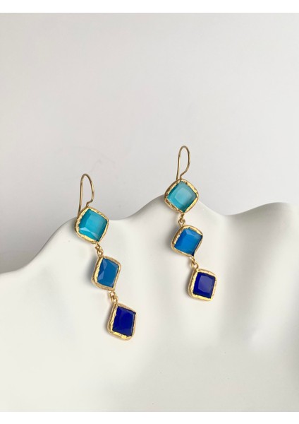 Özel Tasarım Kedi Gözü Kare Taşlı Sallantılı Küpe - mavi tonları fiyatları