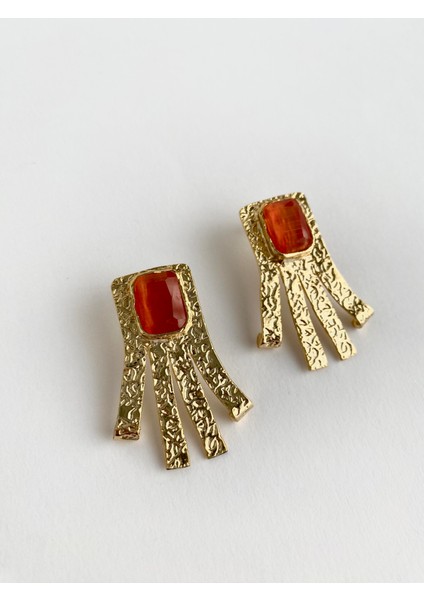 Tasarım Kedi Gözü Doğal Taşlı Tassel Küpe - Turuncu