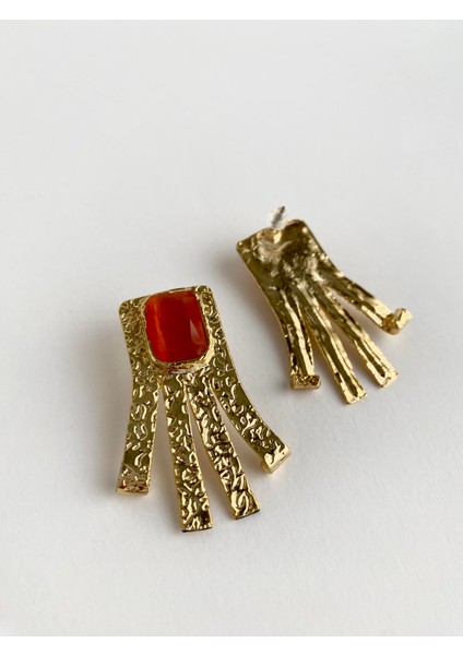 Tasarım Kedi Gözü Doğal Taşlı Tassel Küpe - Turuncu fiyatları