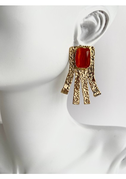 Tasarım Kedi Gözü Doğal Taşlı Tassel Küpe - Turuncu modelleri