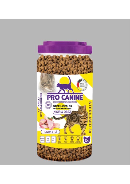 Pro Canıne 39 Az Tahıllı Hypoallergenic Tavuklu Kısır -Obez Sterilised Yetişkin Kedi Maması 1,5 Lt