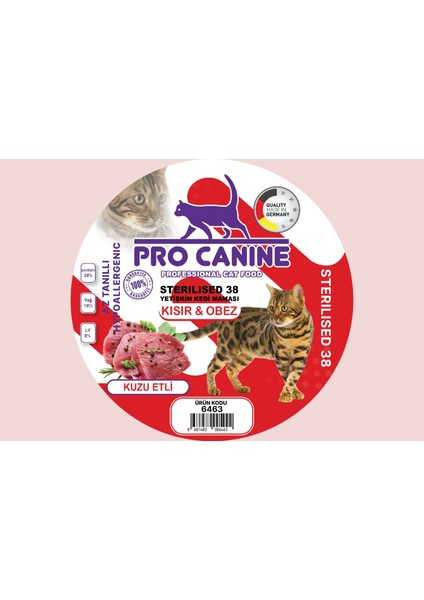 Pro Canıne 38 Az Tahıllı Hypoallergenic Kuzuetli Kısır - Obez Sterilised Yetişkin Kedi Maması 1,5 Lt