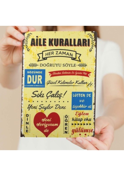 Aıle Kuralları Ahşap Duvar ve Kapı Süsü- Retro Ahşap Pano 28 x 20