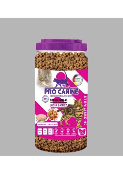 Pro Canıne  40  Ton Balıklı -Karidesli Kısır -Obez Sterılısed Yetişkin Kedi Maması 1,5 Lt