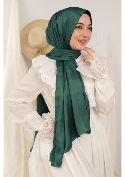 Zümrüt Yeşili Abiye Janjan Parlak Saten Dokulu Tesettür Abiye Şifon Şal fiyatları