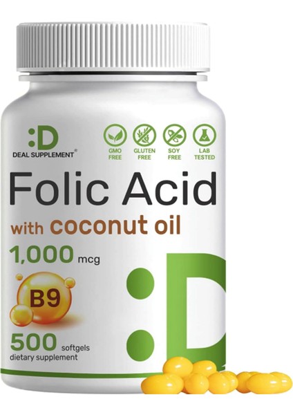 Folic Acid 1000 Mcg (1 Mg) 500 Coconut Oil Softgels Bioavailable Prenatal (Vitamin B9) Usa Menşei 3644