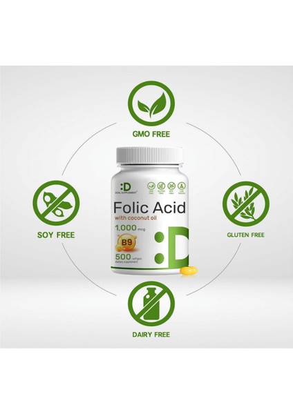 Folic Acid 1000 Mcg (1 Mg) 500 Coconut Oil Softgels Bioavailable Prenatal (Vitamin B9) Usa Menşei 3644 modelleri