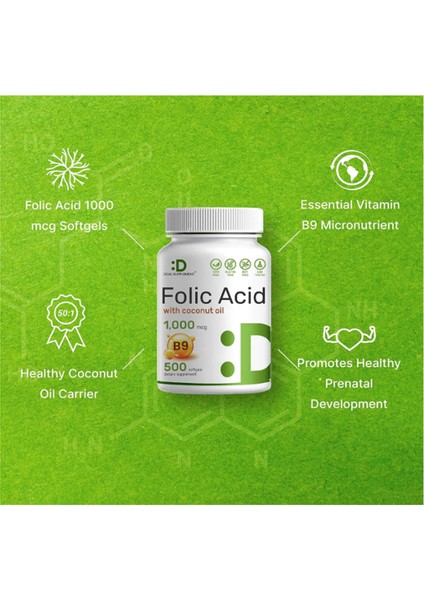 Folic Acid 1000 Mcg (1 Mg) 500 Coconut Oil Softgels Bioavailable Prenatal (Vitamin B9) Usa Menşei 3644 fırsatları